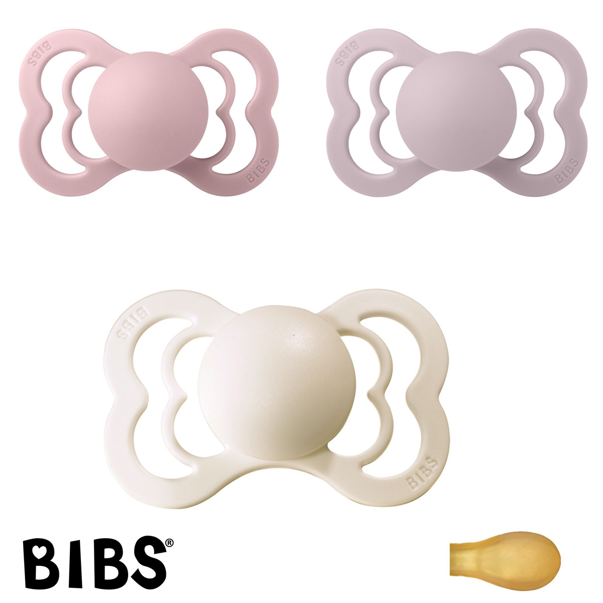 BIBS Supreme Sutter med navn, Pink Plum, Dusky Lilac, Haze, Symmetrisk Latex str.2 Pakke med 3 sutter